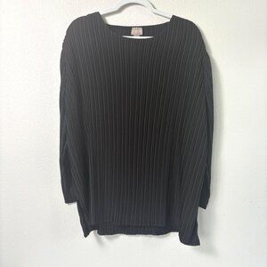 Chicos Accordion Pleat Top Womens 3 US XL Black Long Sleeve Blouse Split Hem